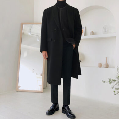 Color: Black, Size: L - Mrcyc Woolen Coat Men''s British Style Korean Fashion Winter Woolen Coat Medium Length Thickened Denim Windbreaker